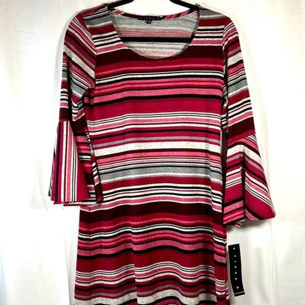 TIANA B NWT's Red Striped Midi Dress Flirty 3/4 Ruffle Sleeves Size Small